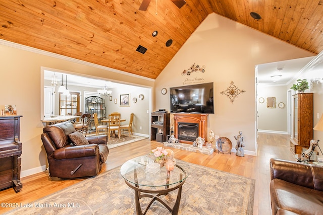 living area featuring a glass covered fireplace, high vaulted ceiling, wood finished floors, and wood ceiling