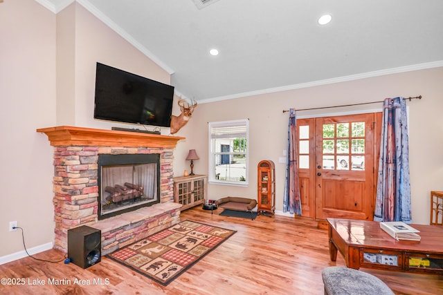 4869 County Road 2225, Troy, AL 36079 - living room featuring ornamental molding, wood finished floors, a fireplace, baseboards, and recessed lighting