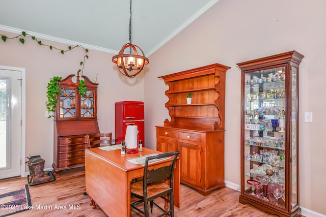 4869 County Road 2225, Troy, AL 36079 - office area with ornamental molding, a chandelier, light wood-type flooring, and baseboards