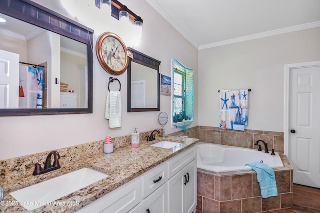 4869 County Road 2225, Troy, AL 36079 - full bathroom with crown molding, a garden tub, double vanity, and wood finished floors