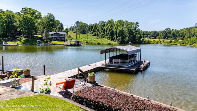 view of dock with a water view