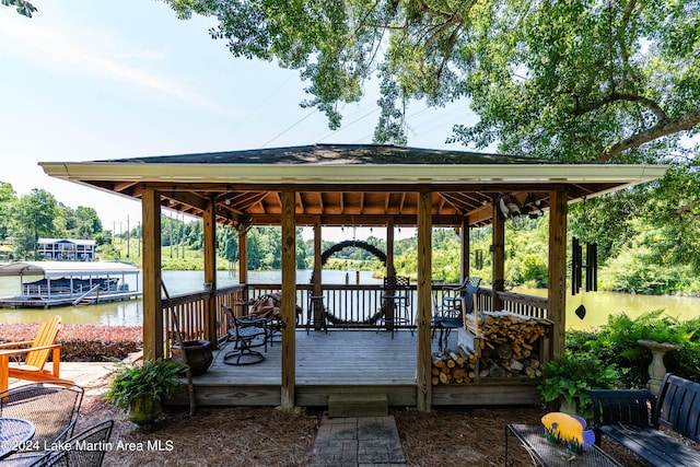 view of dock with a deck with water view