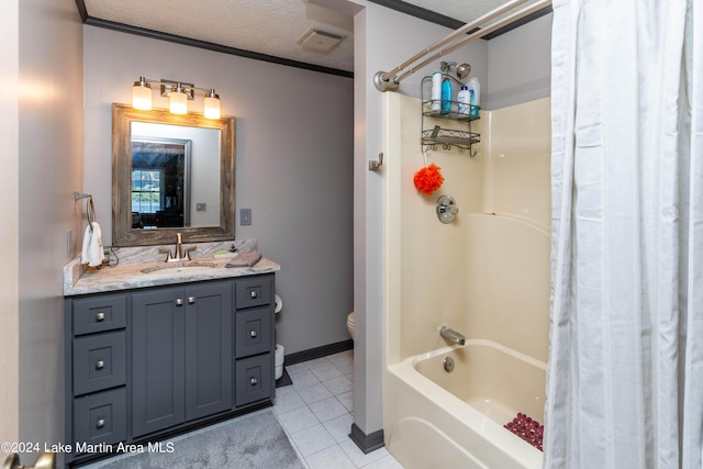 full bathroom with tile patterned flooring, vanity, ornamental molding, and a textured ceiling