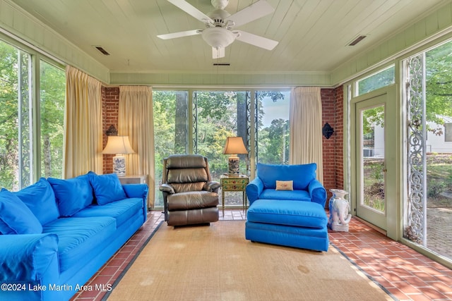 sunroom with ceiling fan and wood ceiling