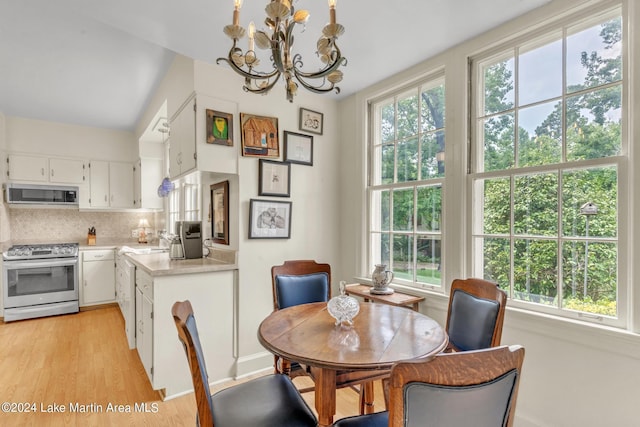 dining area featuring light hardwood / wood-style floors, an inviting chandelier, and a healthy amount of sunlight