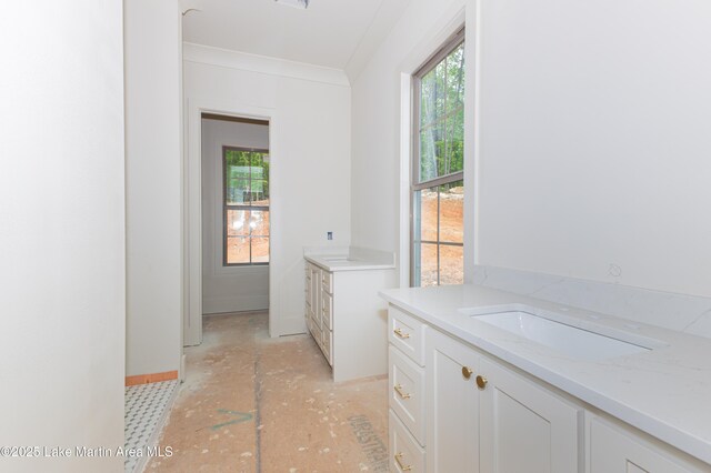 clothes washing area featuring crown molding, baseboards, and a sink