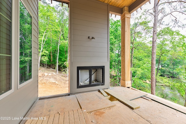 view of patio / terrace featuring a fireplace