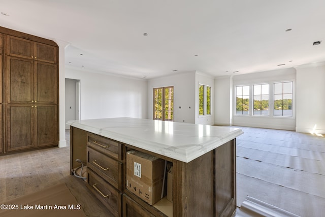 kitchen with open floor plan, light stone counters, and ornamental molding
