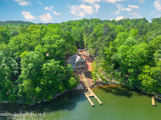 aerial view featuring a view of trees and a water view