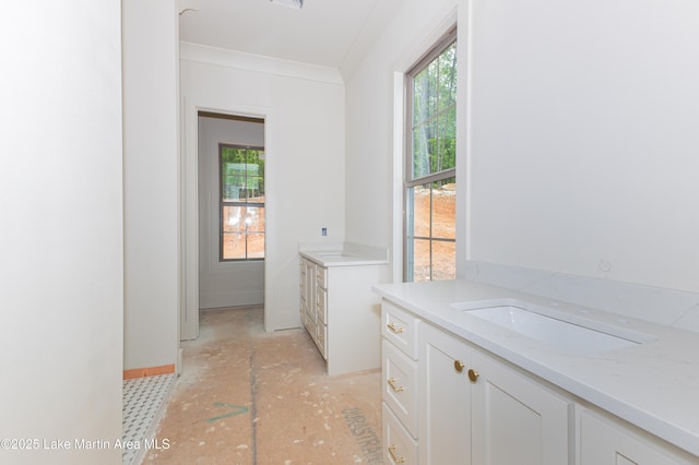 clothes washing area featuring crown molding, baseboards, and a sink