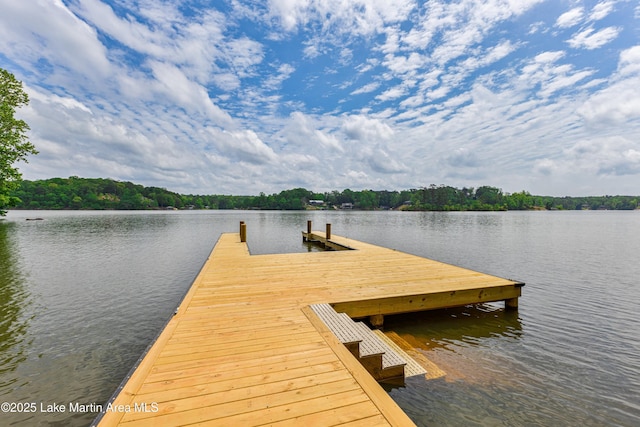 view of dock with a view of trees and a water view