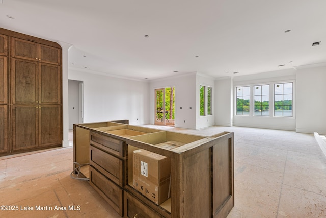kitchen with crown molding, a center island with sink, and open floor plan