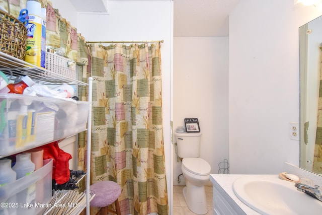 230 Lorena Dr, Alexander City, AL 35010 - bathroom with tile patterned floors, toilet, a shower with shower curtain, and vanity