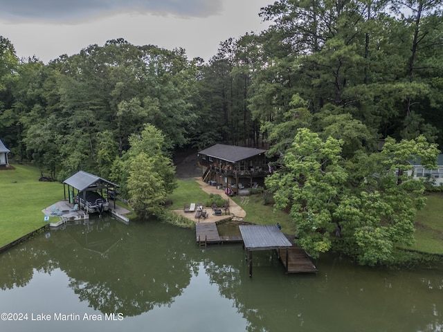 drone / aerial view with a water view