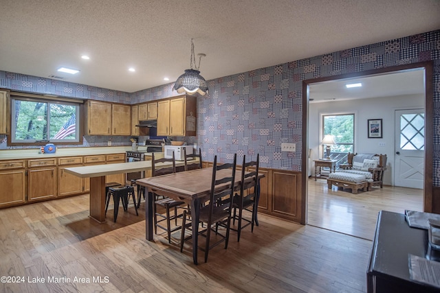 dining space featuring a textured ceiling and light hardwood / wood-style flooring