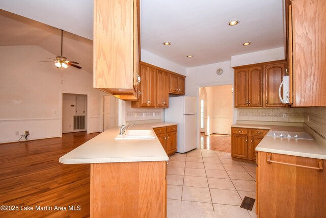 1647 Timber Trl, Alexander City, AL 35010 - kitchen with a sink, white appliances, ceiling fan, light countertops, and a peninsula