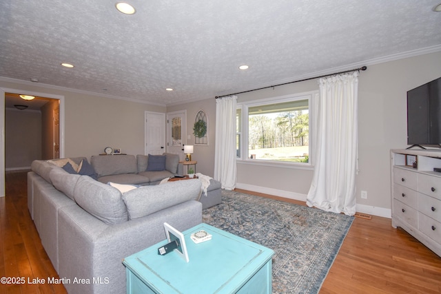 241 Warrior Rd, Alexander City, AL 35010 - living room featuring ornamental molding, a textured ceiling, baseboards, and wood finished floors