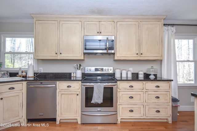 241 Warrior Rd, Alexander City, AL 35010 - kitchen featuring cream cabinetry, a healthy amount of sunlight, appliances with stainless steel finishes, and ornamental molding