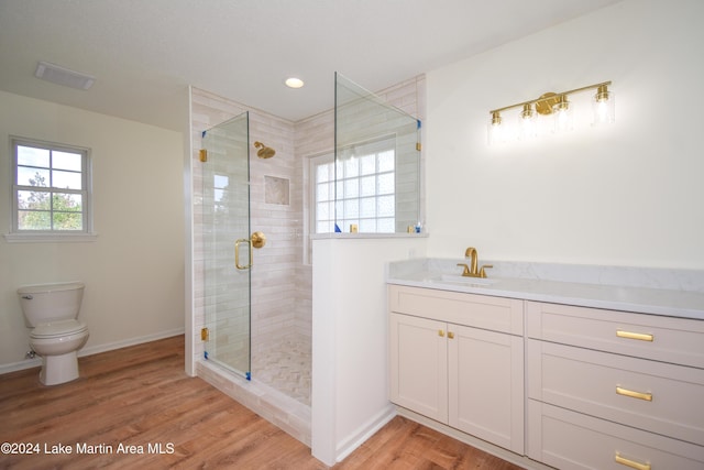 bathroom with vanity, walk in shower, hardwood / wood-style floors, and toilet