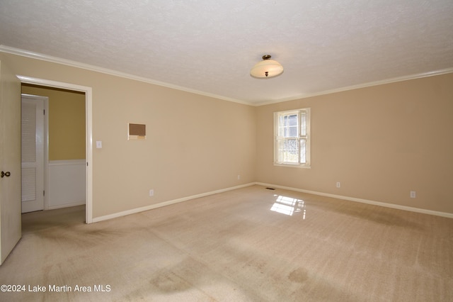 carpeted empty room with ornamental molding and a textured ceiling