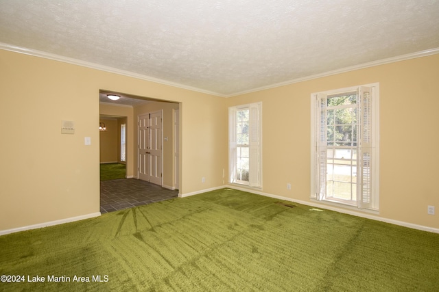 carpeted empty room featuring a textured ceiling and ornamental molding