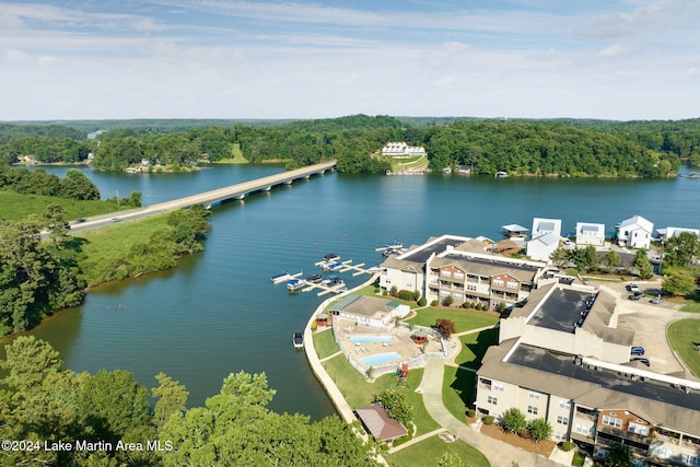 drone / aerial view with a water view