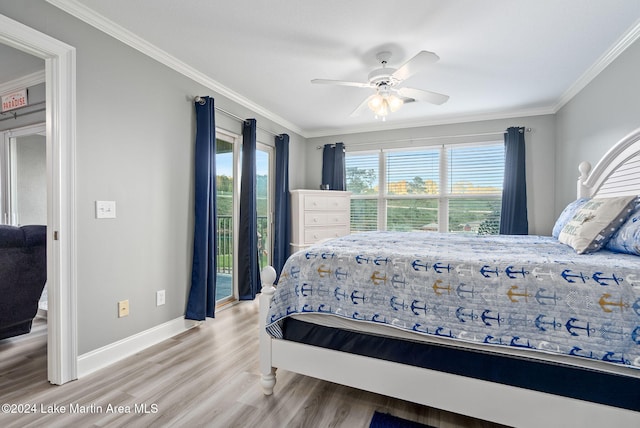 bedroom with access to exterior, ceiling fan, crown molding, and light hardwood / wood-style flooring