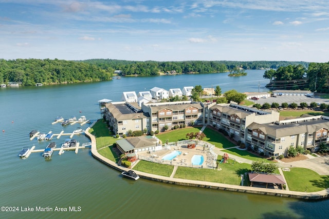 drone / aerial view with a water view