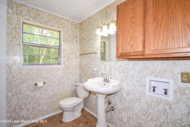 bathroom with crown molding, toilet, and a sink