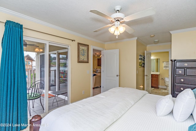 bedroom featuring access to outside, ensuite bath, ceiling fan, and ornamental molding