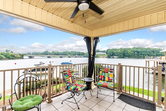 balcony featuring ceiling fan and a water view