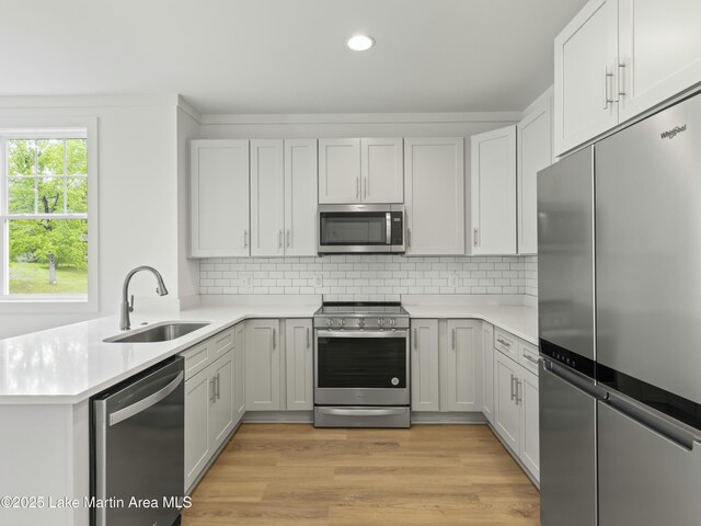 kitchen with stainless steel appliances, a sink, light countertops, and decorative backsplash