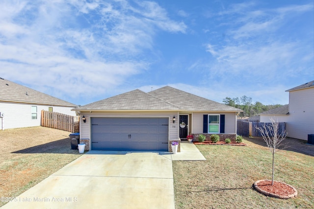 single story home featuring a garage, concrete driveway, fence, and a front lawn