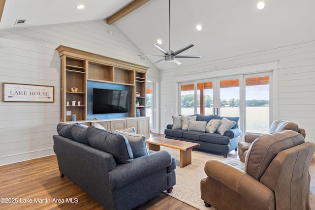 116 Water Oak Ln, Jacksons Gap, AL 36861 - living room with wood finished floors, wooden walls, ceiling fan, and recessed lighting
