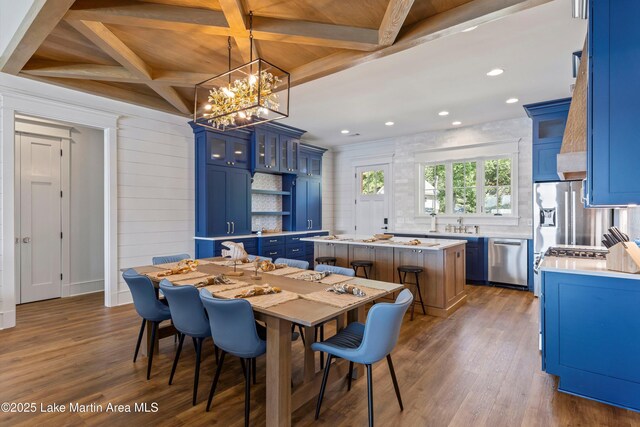 116 Water Oak Ln, Jacksons Gap, AL 36861 - dining space featuring wood finished floors, coffered ceiling, recessed lighting, a chandelier, and beam ceiling