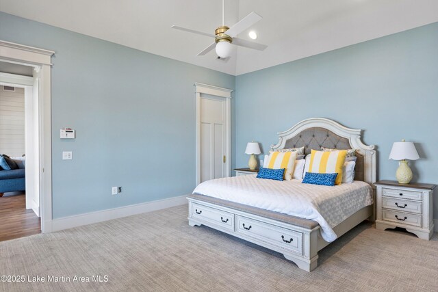 116 Water Oak Ln, Jacksons Gap, AL 36861 - bedroom featuring a ceiling fan, lofted ceiling, and light colored carpet