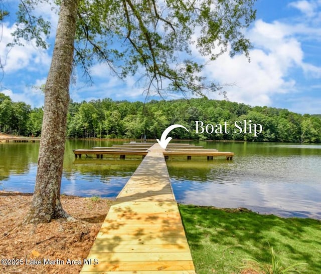 view of dock featuring a forest view and a water view