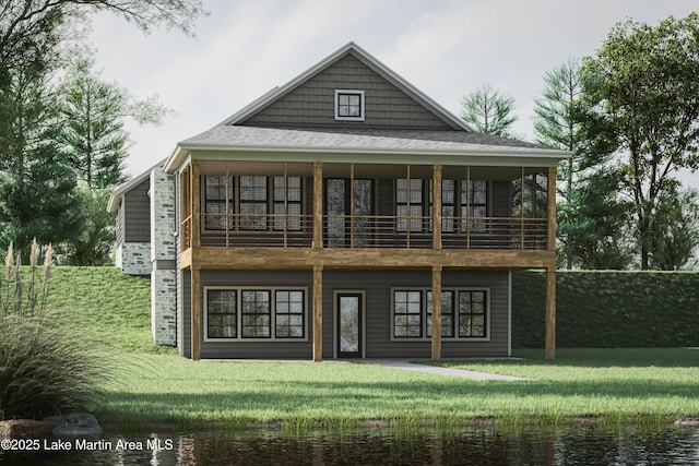 517 Transom Dr, Jacksons Gap, AL 36861 - back of house featuring a lawn, stone siding, a balcony, and a water view