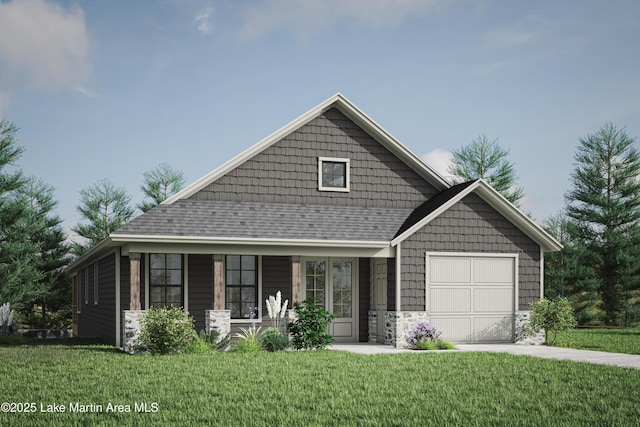 517 Transom Dr, Jacksons Gap, AL 36861 - craftsman-style house featuring a front lawn, a garage, covered porch, stone siding, and driveway