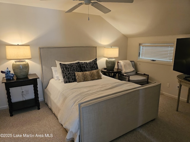 67 Lakeview Dr Unit 10H, Alexander City, AL 35010 - bedroom featuring light colored carpet, vaulted ceiling, and ceiling fan