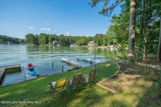 dock area with a water view and a yard