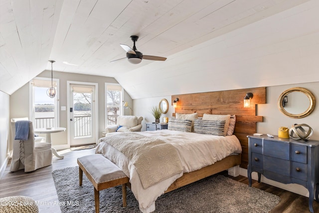 bedroom with lofted ceiling, ceiling fan, wood finished floors, access to outside, and wooden ceiling