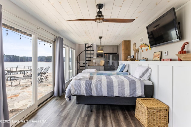 bedroom with stainless steel fridge, wood ceiling, wood finished floors, a water view, and access to outside