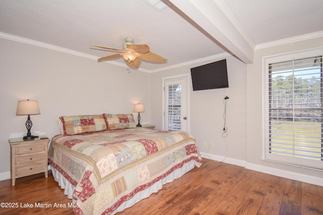 bedroom with ornamental molding, access to outside, baseboards, and wood finished floors