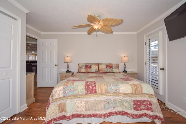 bedroom with a textured ceiling, wood finished floors, a ceiling fan, and crown molding