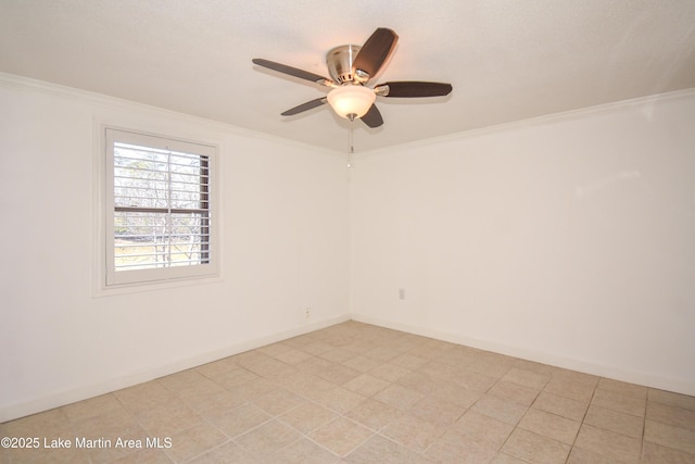 unfurnished room with crown molding, baseboards, and ceiling fan