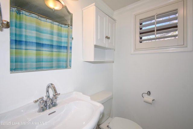 full bathroom with curtained shower, a sink, and toilet