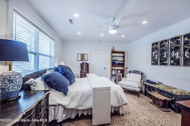 bedroom featuring recessed lighting, visible vents, and ceiling fan