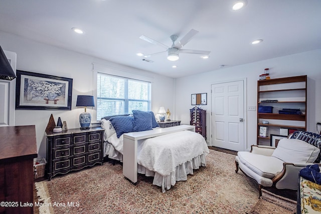 bedroom with recessed lighting, visible vents, and ceiling fan