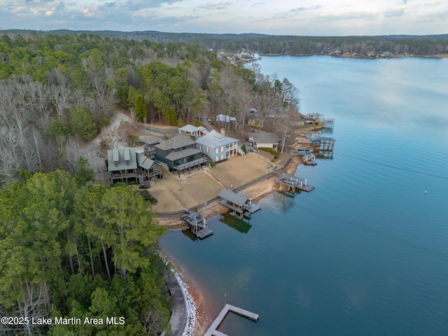 drone / aerial view featuring a water view